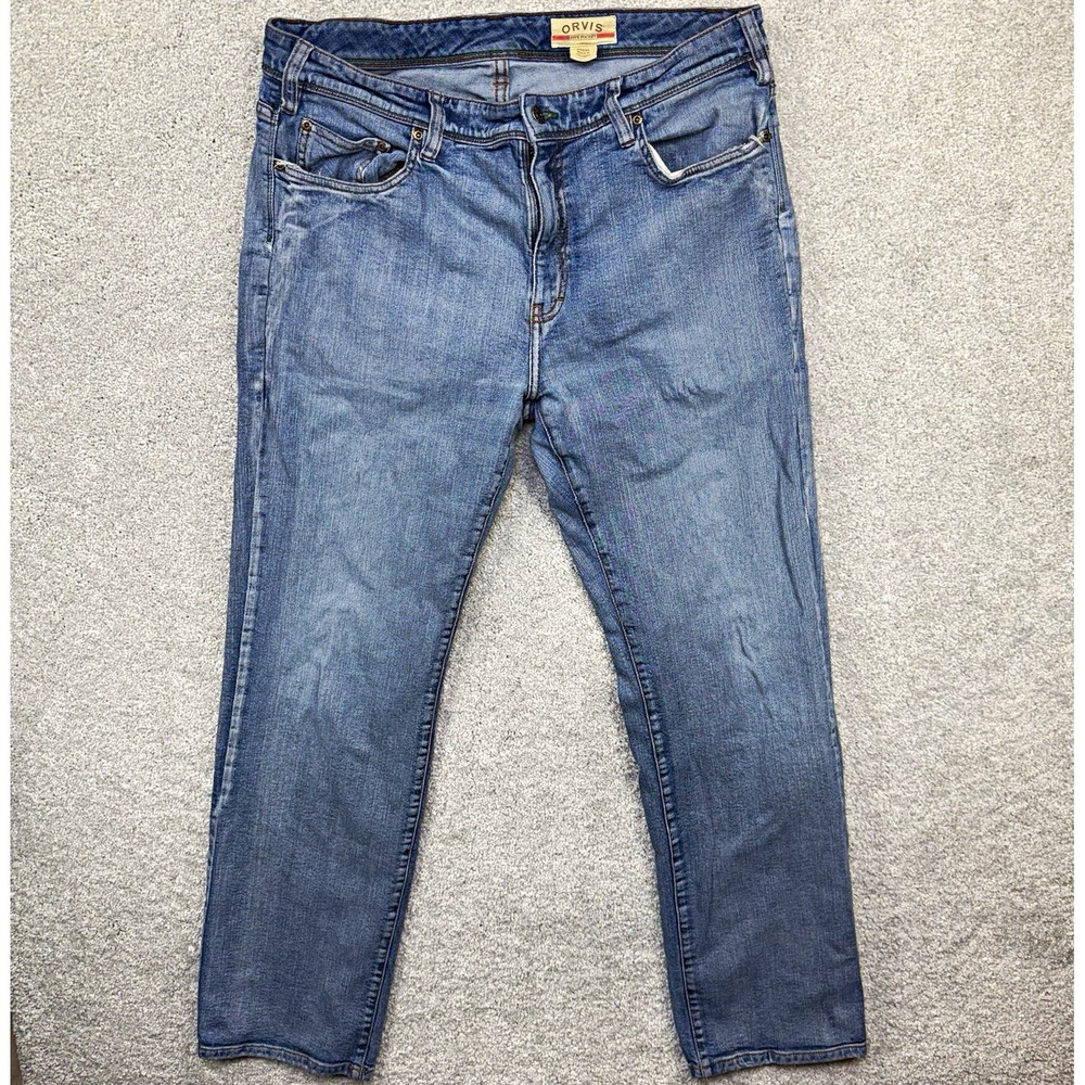 Orvis Men's Five Pocket Blue Denim Jeans Size 36x32 Stretch Cotton
